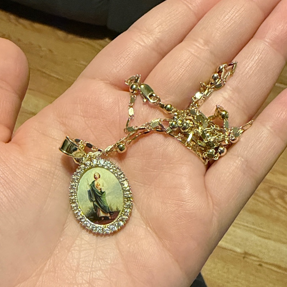 Gold-Tone Oval Saint Pendant Necklace with Rhinestone Halo